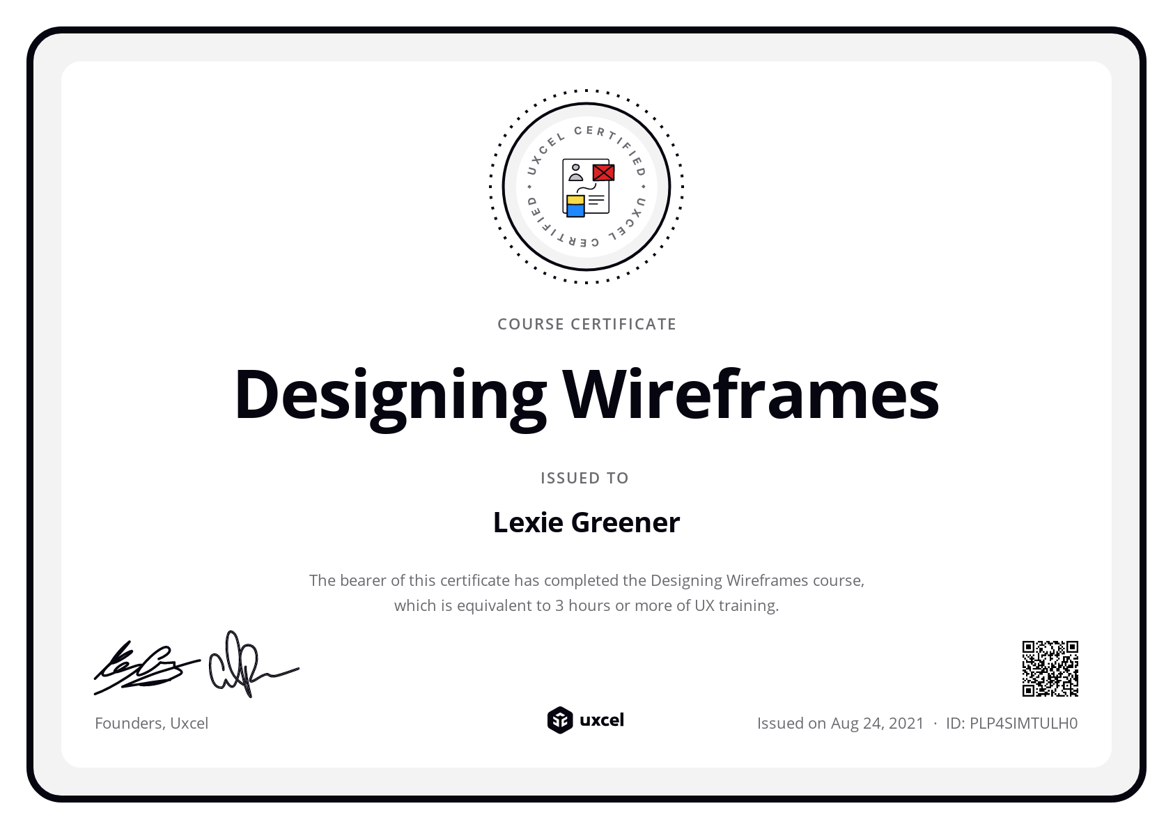 Lexie Greener's certificate